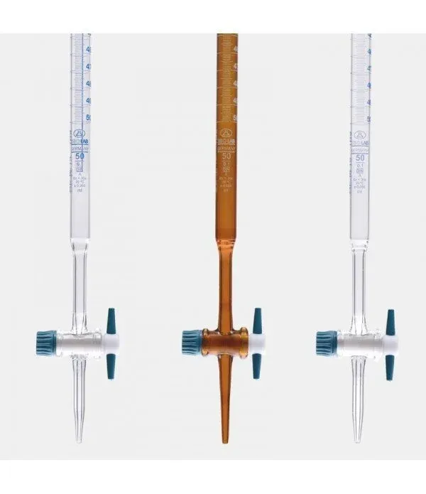 ISOLAB  Büret - düz - amber - PTFE musluklu - AS kalite - grup sertifikalı - beyaz skala - 10 ml