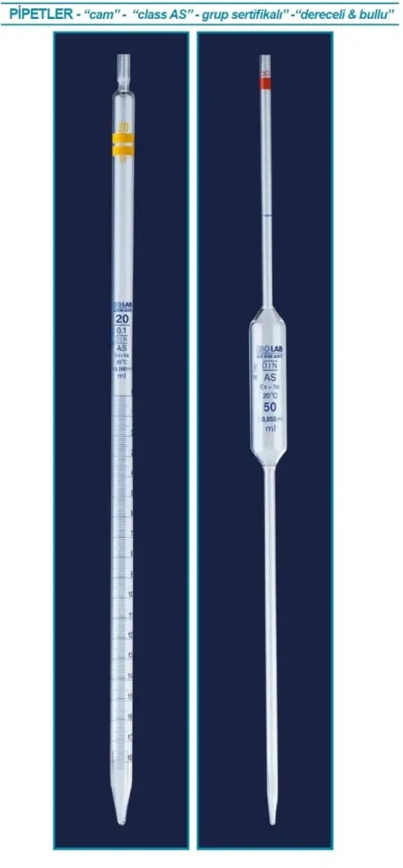 ISOLAB  Pipet - cam - bullu - AS kalite - grup sertifikalı - mavi skala - 1 ml
