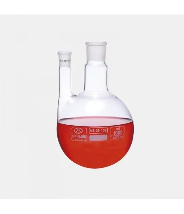 ISOLAB Balon - dibi yuvarlak - 2 boyunlu - paralel yan boyun - merkez boyun : NS 29/32 - yan dişi şilif : NS 14/23 - 100 ml