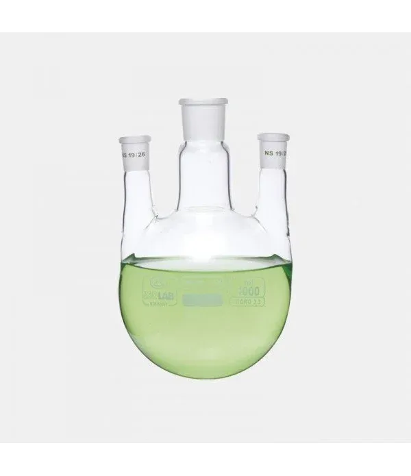 ISOLAB Balon - dibi yuvarlak - 3 boyunlu - paralel yan boyun - merkez boyun : NS 29/32 - yan boyun(lar) : NS 14/23 - 500 ml